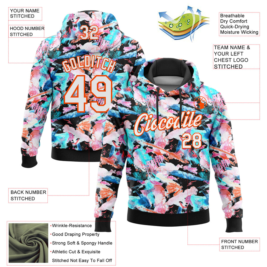 Custom Stitched Graffiti Pattern White Black-Orange 3D Watercolor Grunge Art Sports Pullover Sweatshirt Hoodie