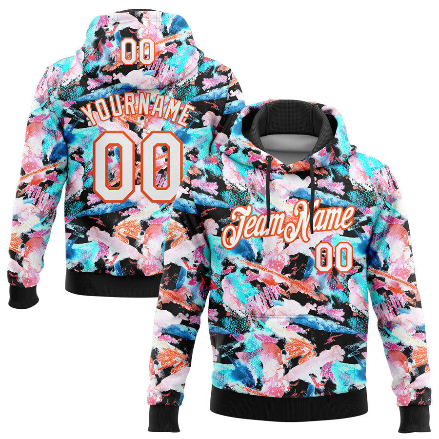 Custom Stitched Graffiti Pattern White Black-Orange 3D Watercolor Grunge Art Sports Pullover Sweatshirt Hoodie