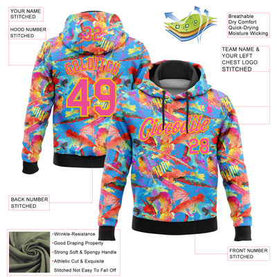 Custom Stitched Graffiti Pattern Hot Pink Black-Yellow 3D Watercolor Grunge Art Sports Pullover Sweatshirt Hoodie