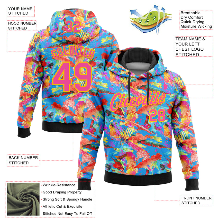 Custom Stitched Graffiti Pattern Hot Pink Black-Yellow 3D Watercolor Grunge Art Sports Pullover Sweatshirt Hoodie