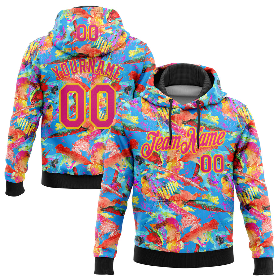 Custom Stitched Graffiti Pattern Hot Pink Black-Yellow 3D Watercolor Grunge Art Sports Pullover Sweatshirt Hoodie