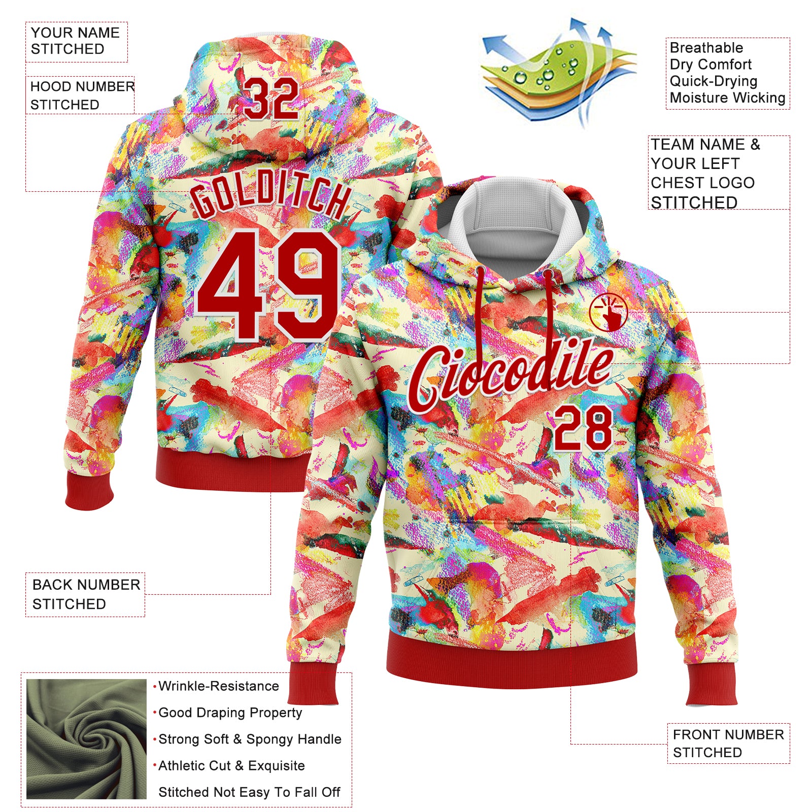 Custom Stitched Graffiti Pattern Red-White 3D Watercolor Grunge Art Sports Pullover Sweatshirt Hoodie