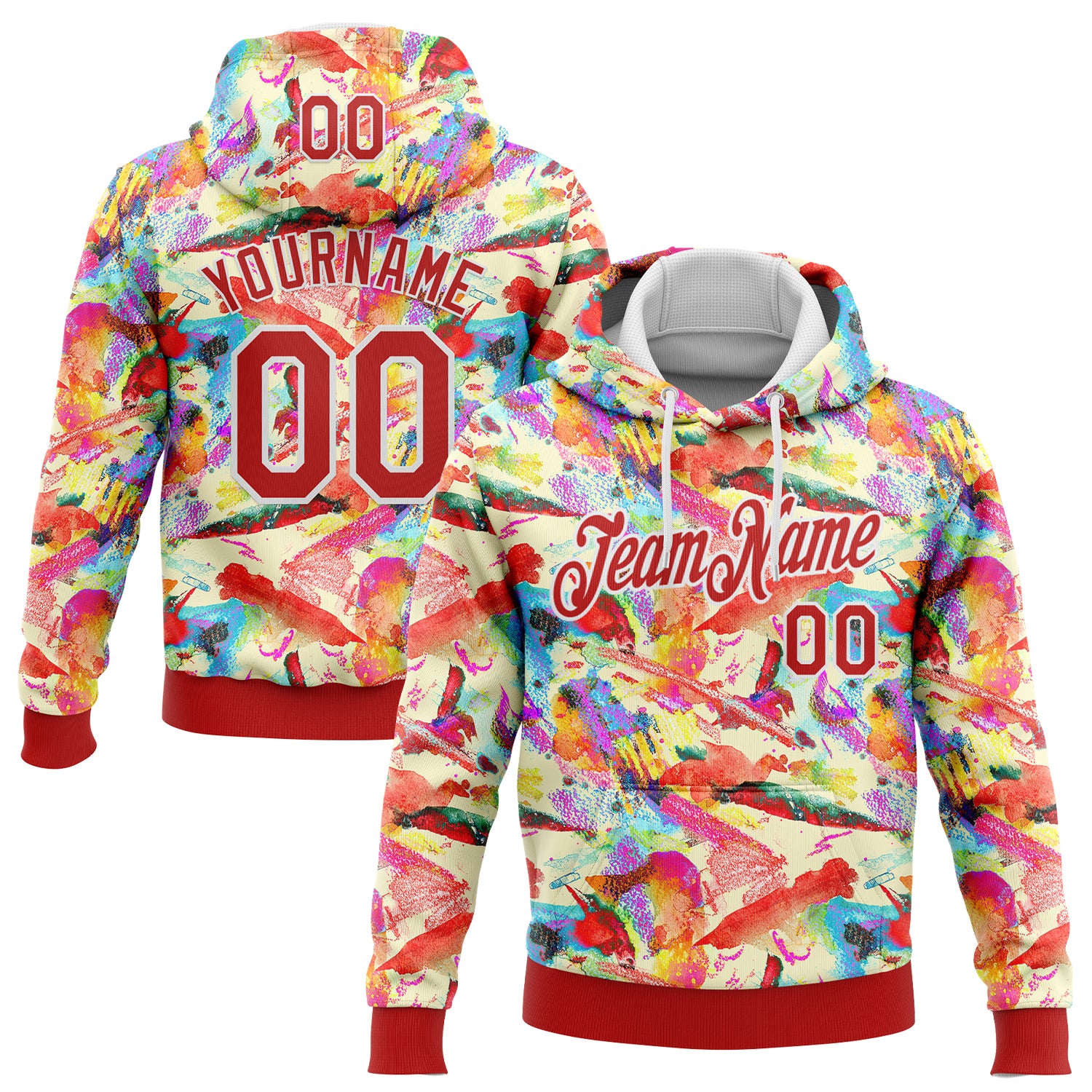 Custom Stitched Graffiti Pattern Red-White 3D Watercolor Grunge Art Sports Pullover Sweatshirt Hoodie