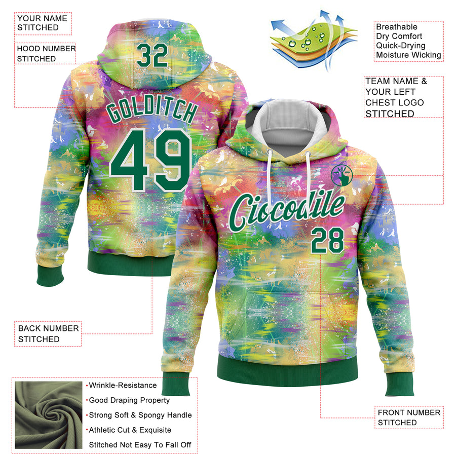 Custom Stitched Graffiti Pattern Kelly Green-White 3D Watercolor Grunge Art Sports Pullover Sweatshirt Hoodie