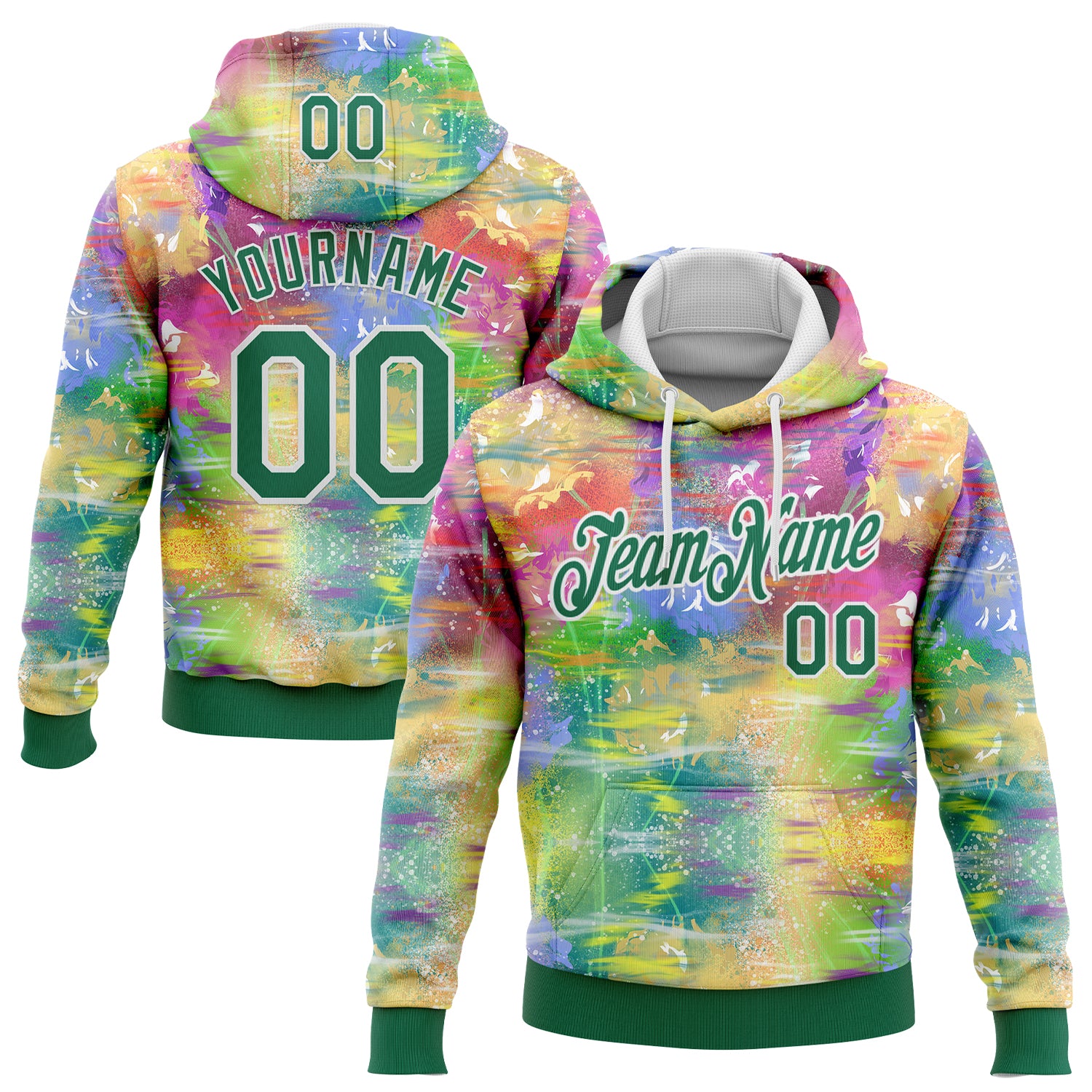 Custom Stitched Graffiti Pattern Kelly Green-White 3D Watercolor Grunge Art Sports Pullover Sweatshirt Hoodie
