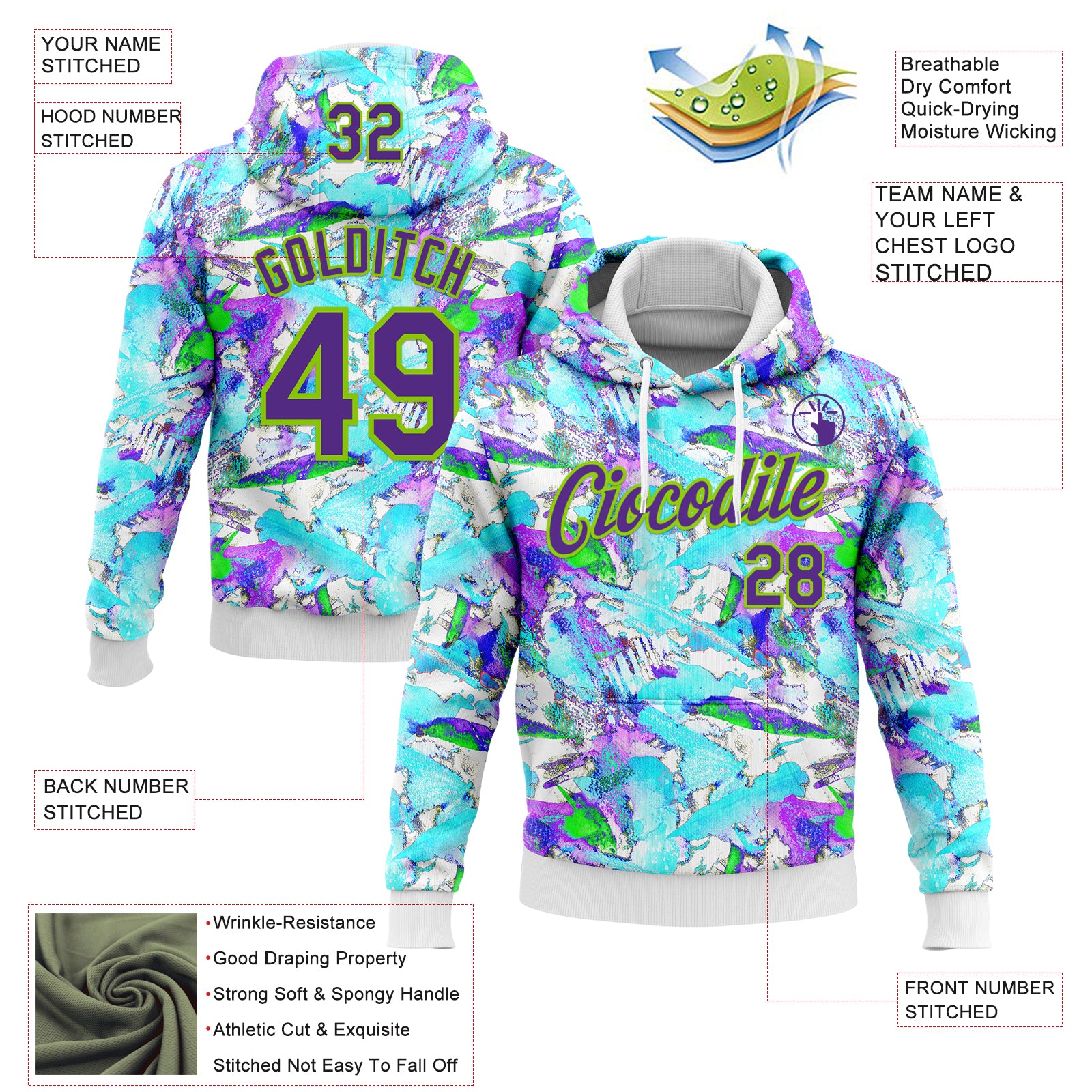 Custom Stitched Graffiti Pattern Purple-Neon Green 3D Watercolor Grunge Art Sports Pullover Sweatshirt Hoodie