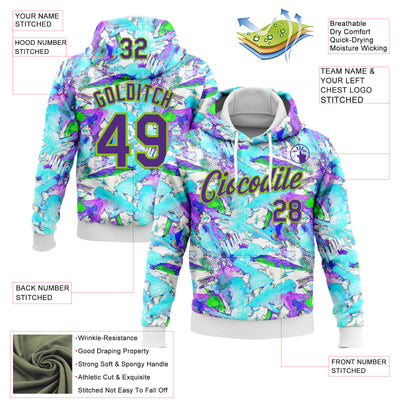 Custom Stitched Graffiti Pattern Purple-Neon Green 3D Watercolor Grunge Art Sports Pullover Sweatshirt Hoodie