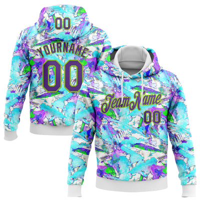 Custom Stitched Graffiti Pattern Purple-Neon Green 3D Watercolor Grunge Art Sports Pullover Sweatshirt Hoodie