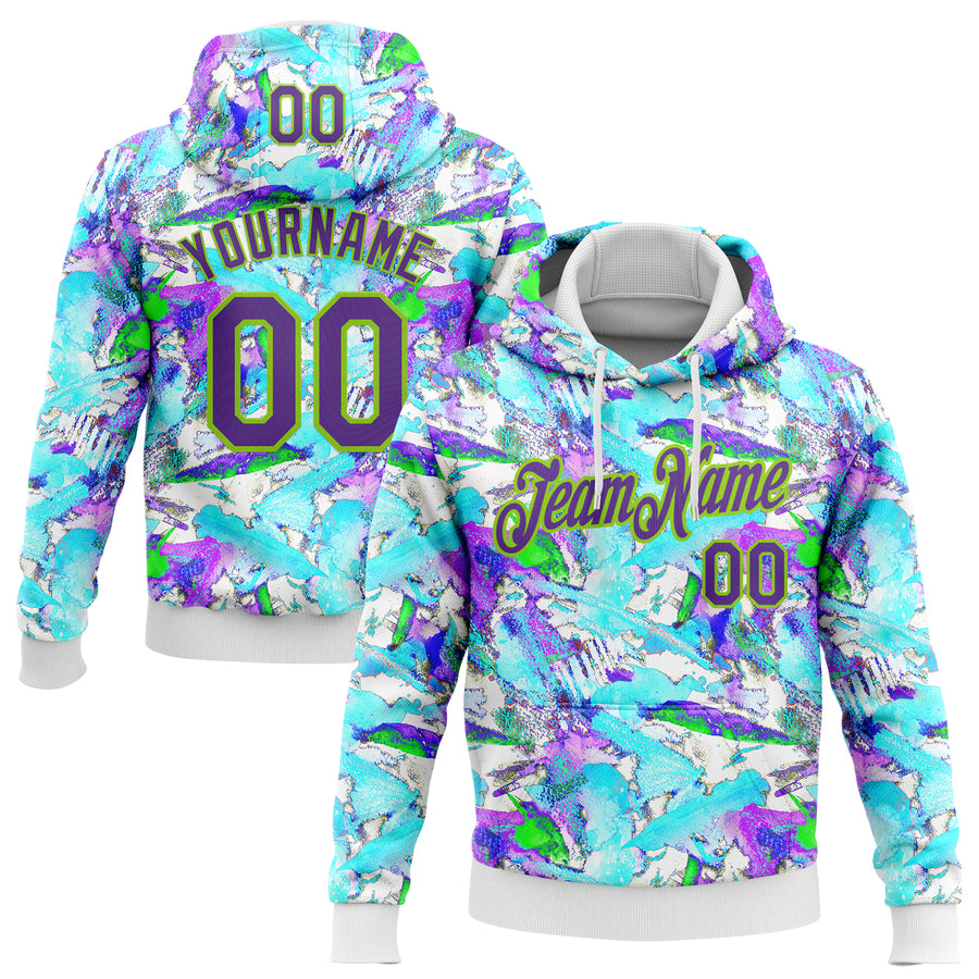 Custom Stitched Graffiti Pattern Purple-Neon Green 3D Watercolor Grunge Art Sports Pullover Sweatshirt Hoodie