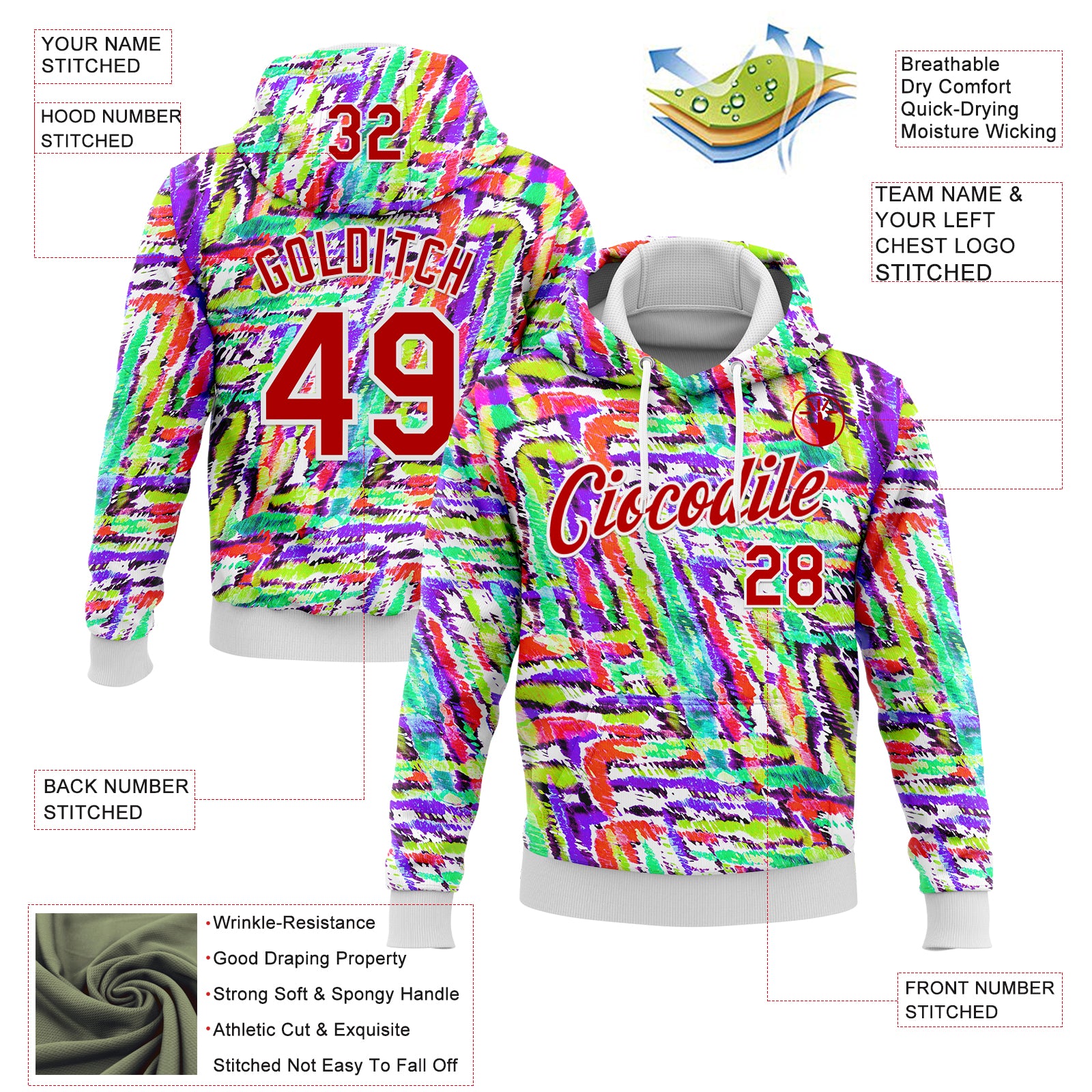Custom Stitched Graffiti Pattern Red-White 3D Watercolor Grunge Art Sports Pullover Sweatshirt Hoodie