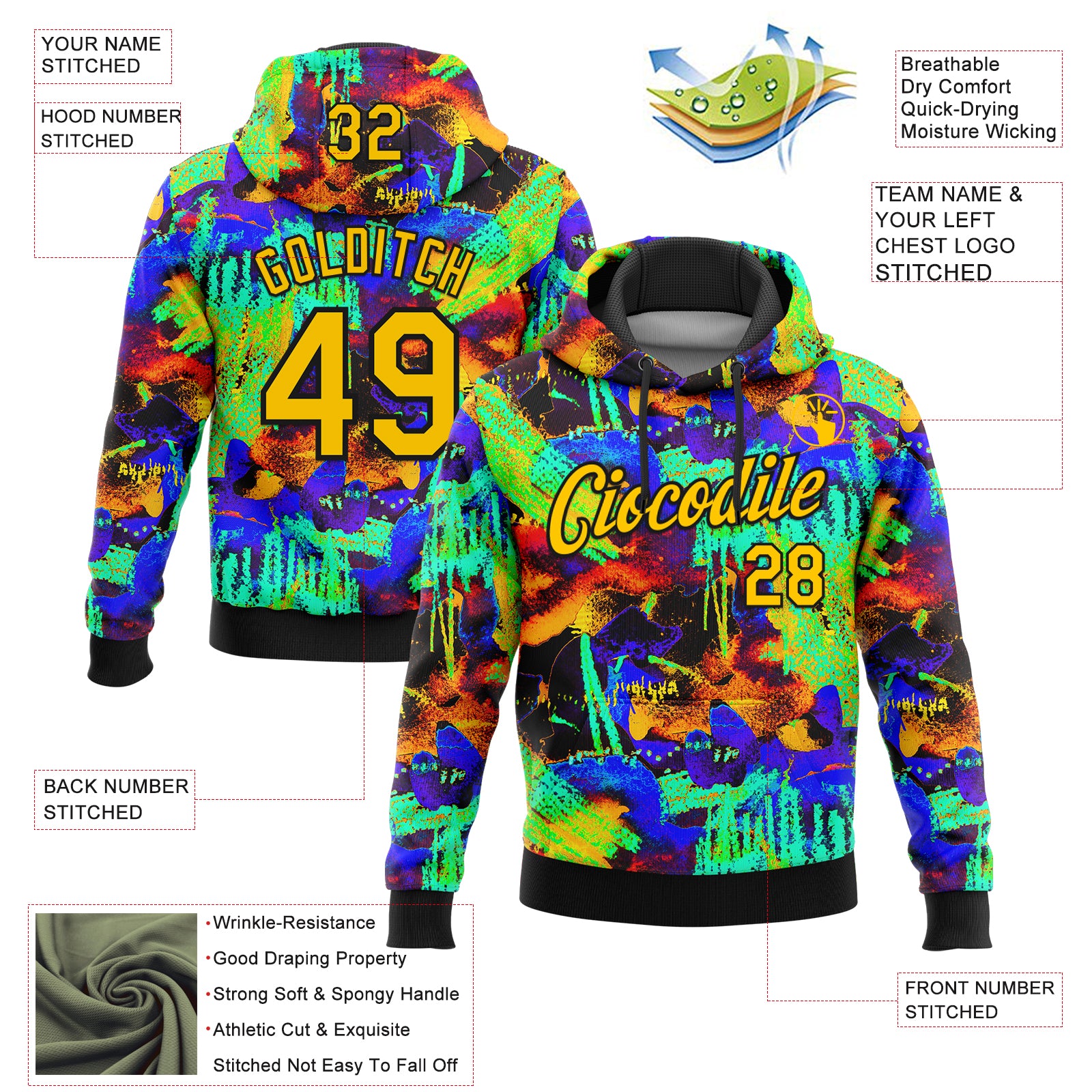 Custom Stitched Graffiti Pattern Yellow-Black 3D Watercolor Grunge Art Sports Pullover Sweatshirt Hoodie