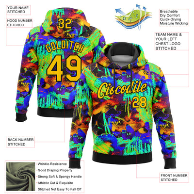 Custom Stitched Graffiti Pattern Yellow-Black 3D Watercolor Grunge Art Sports Pullover Sweatshirt Hoodie