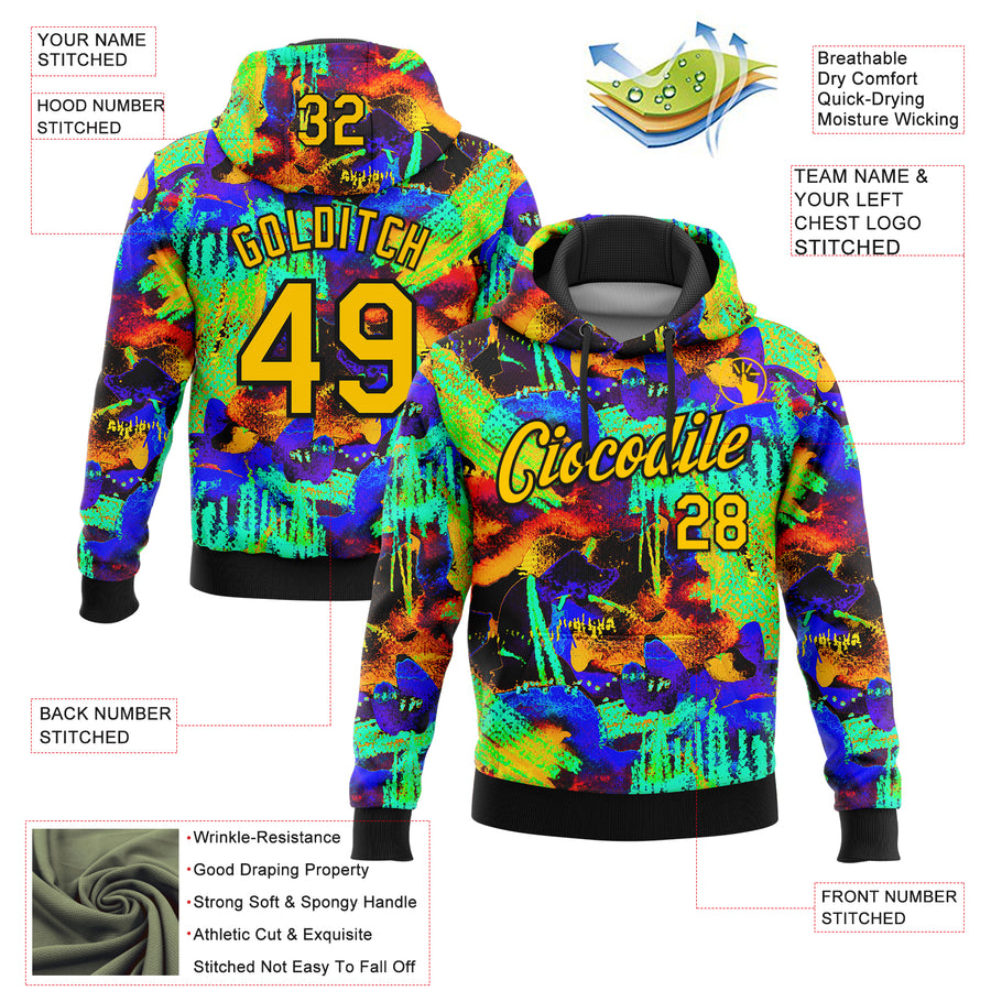 Custom Stitched Graffiti Pattern Yellow-Black 3D Watercolor Grunge Art Sports Pullover Sweatshirt Hoodie