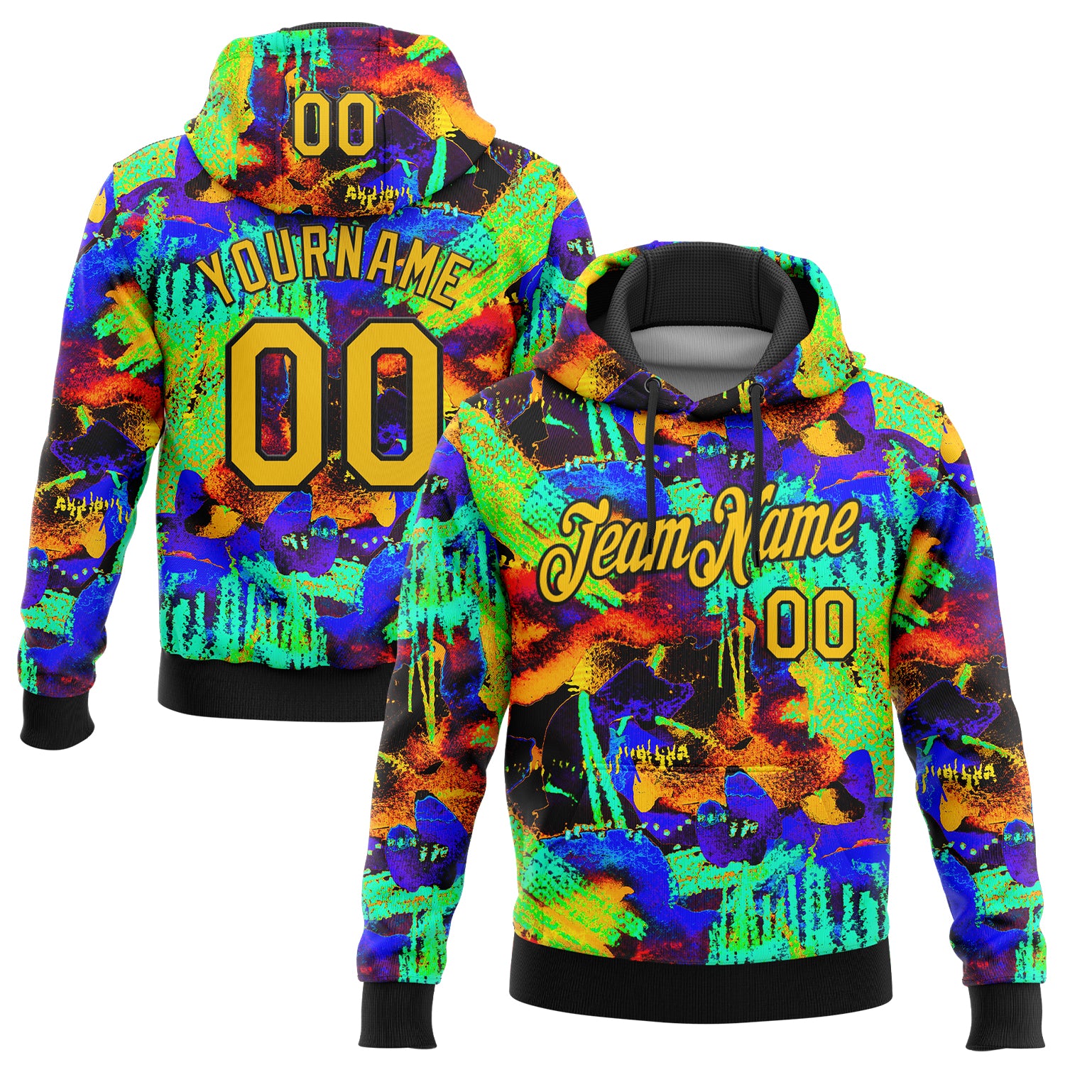 Custom Stitched Graffiti Pattern Yellow-Black 3D Watercolor Grunge Art Sports Pullover Sweatshirt Hoodie