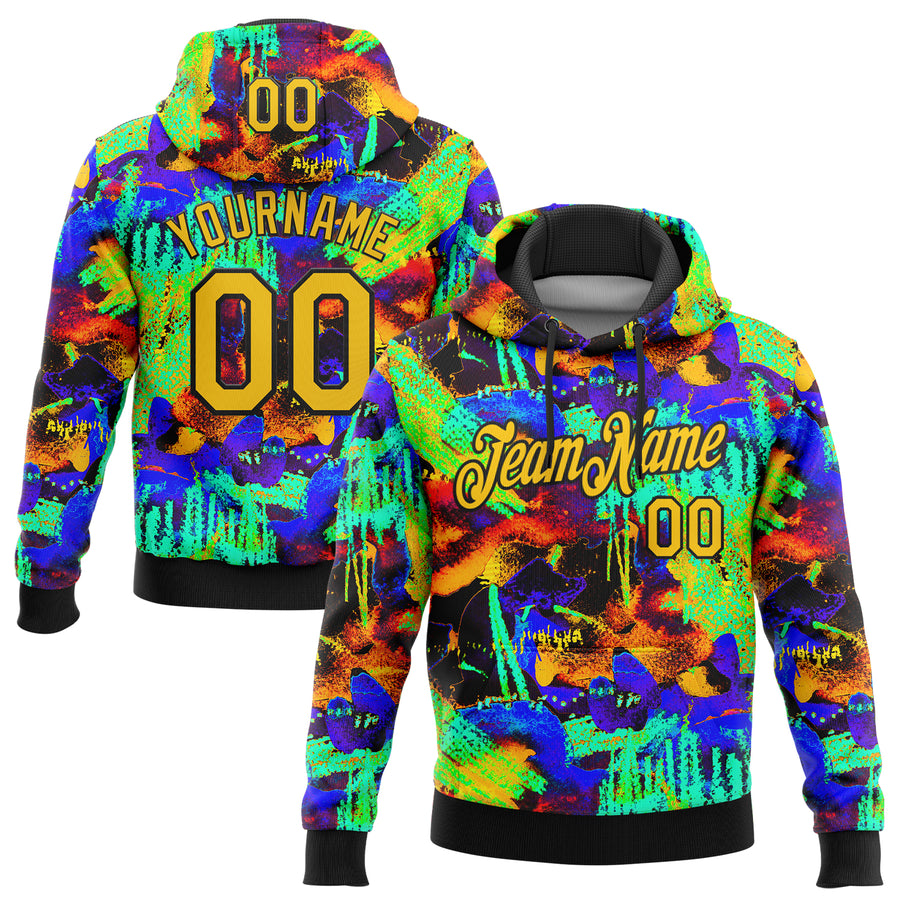 Custom Stitched Graffiti Pattern Yellow-Black 3D Watercolor Grunge Art Sports Pullover Sweatshirt Hoodie