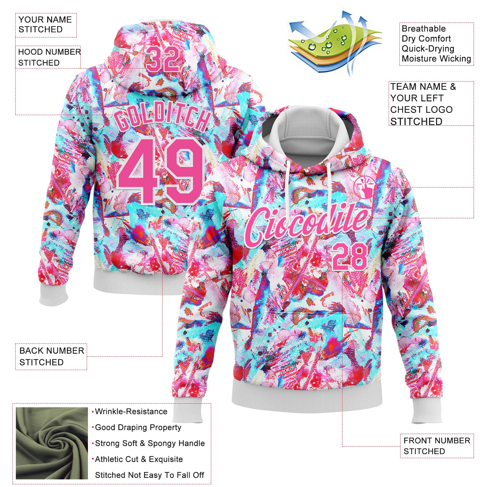 Custom Stitched Graffiti Pattern Pink-White 3D Watercolor Grunge Art Sports Pullover Sweatshirt Hoodie