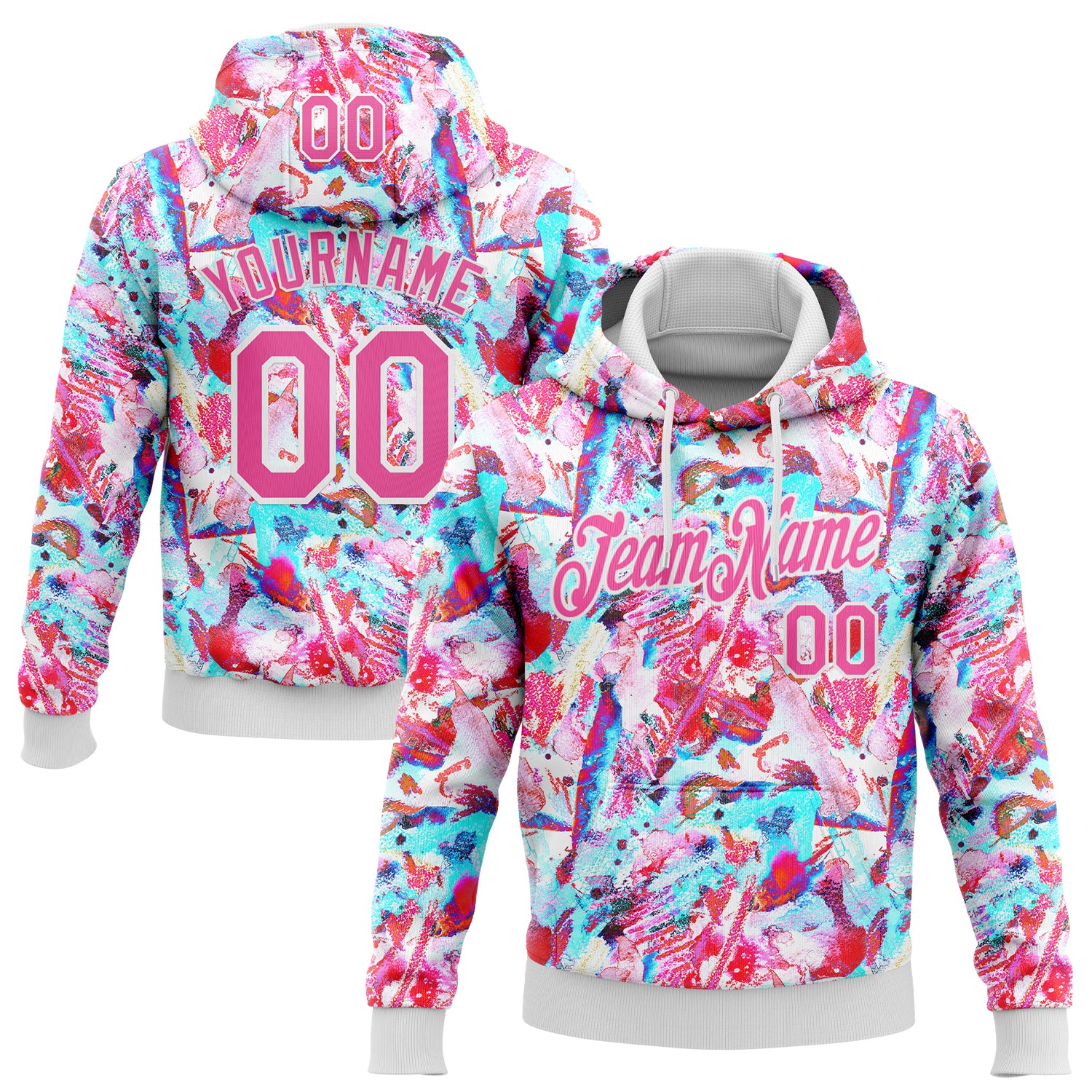 Custom Stitched Graffiti Pattern Pink-White 3D Watercolor Grunge Art Sports Pullover Sweatshirt Hoodie