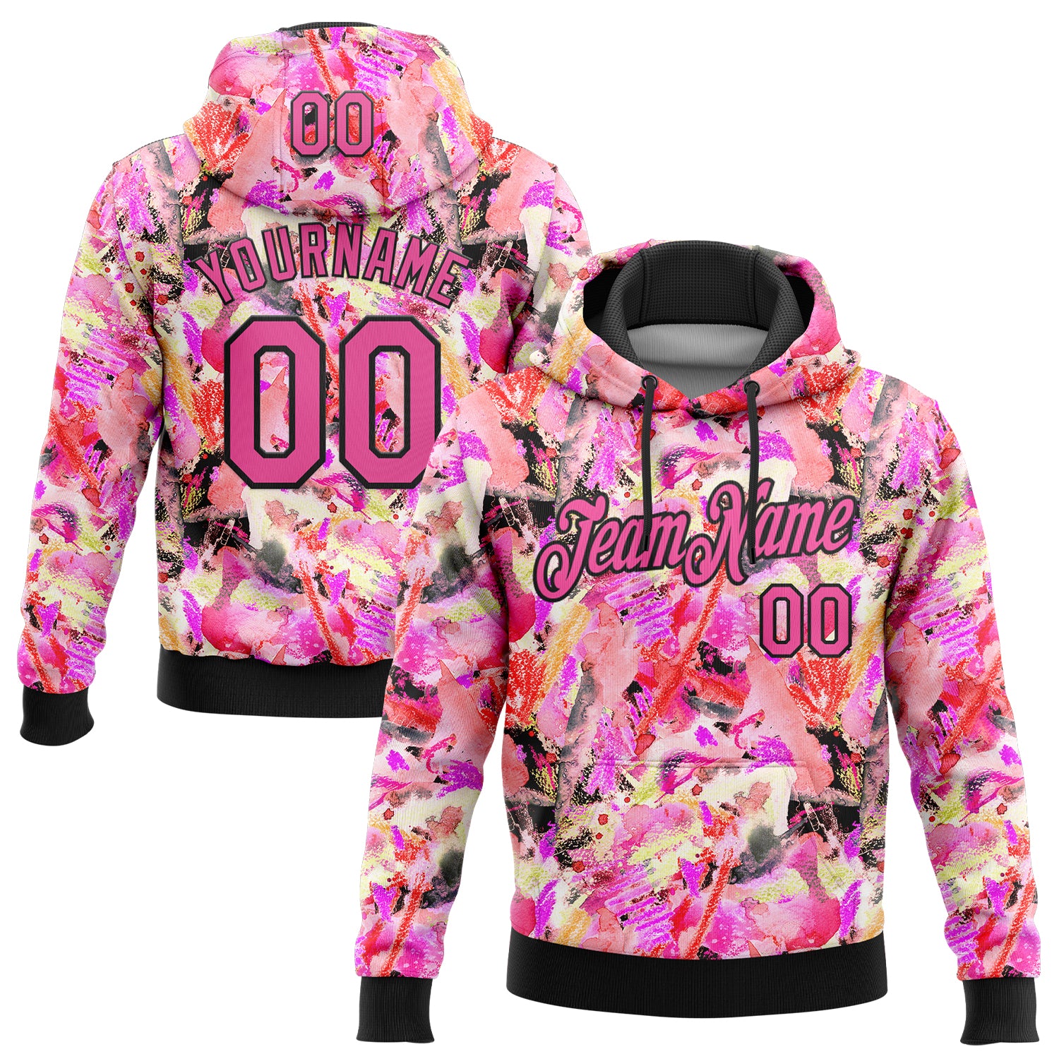 Custom Stitched Graffiti Pattern Pink-Black 3D Watercolor Grunge Art Sports Pullover Sweatshirt Hoodie