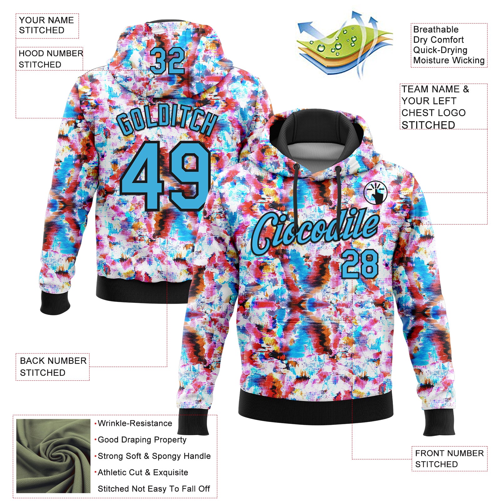 Custom Stitched Graffiti Pattern Sky Blue-Black 3D Watercolor Grunge Art Sports Pullover Sweatshirt Hoodie