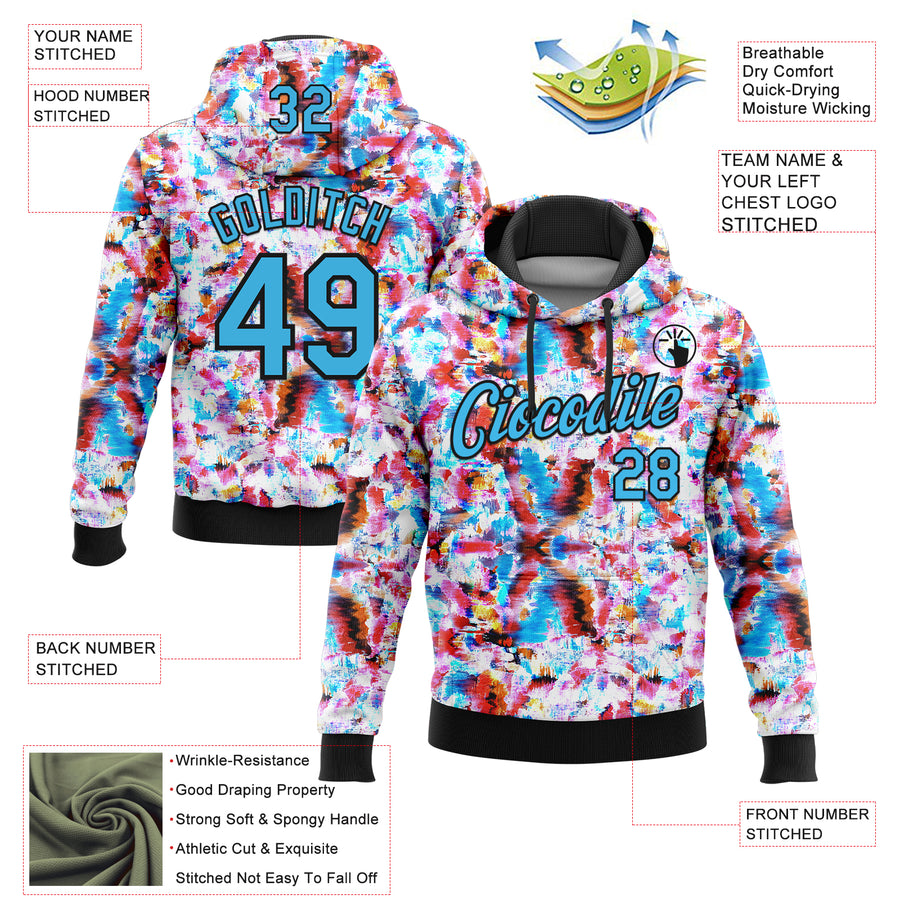 Custom Stitched Graffiti Pattern Sky Blue-Black 3D Watercolor Grunge Art Sports Pullover Sweatshirt Hoodie