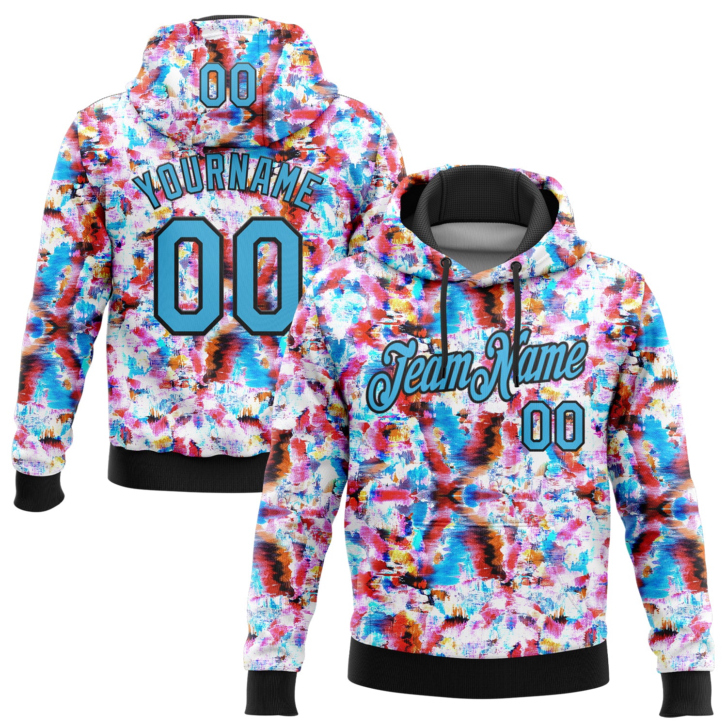 Custom Stitched Graffiti Pattern Sky Blue-Black 3D Watercolor Grunge Art Sports Pullover Sweatshirt Hoodie