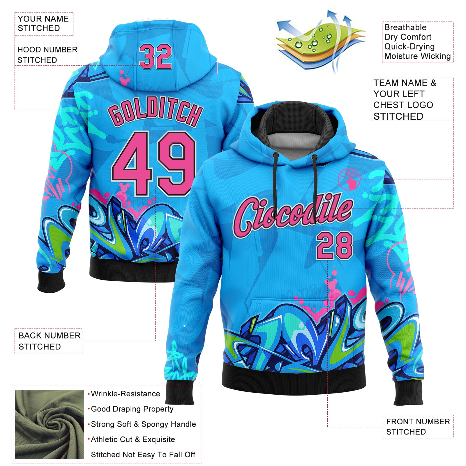 Custom Stitched Graffiti Pattern Pink Black-White 3D Hiphop Abstract Urban Street Art Sports Pullover Sweatshirt Hoodie