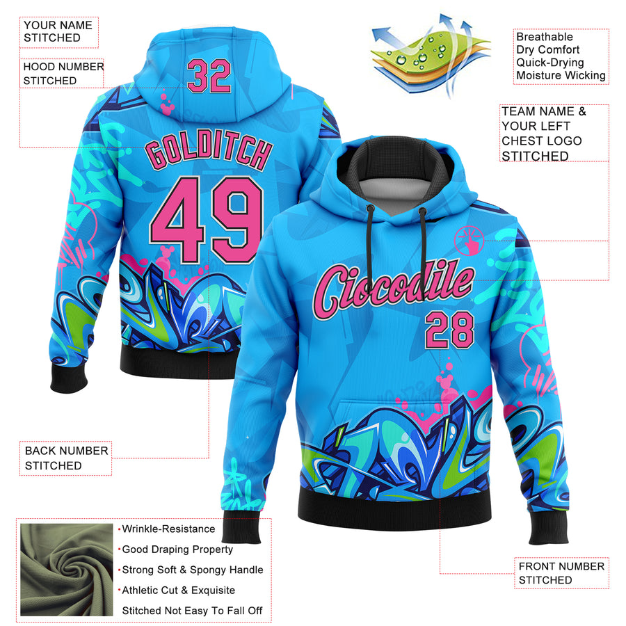 Custom Stitched Graffiti Pattern Pink Black-White 3D Hiphop Abstract Urban Street Art Sports Pullover Sweatshirt Hoodie