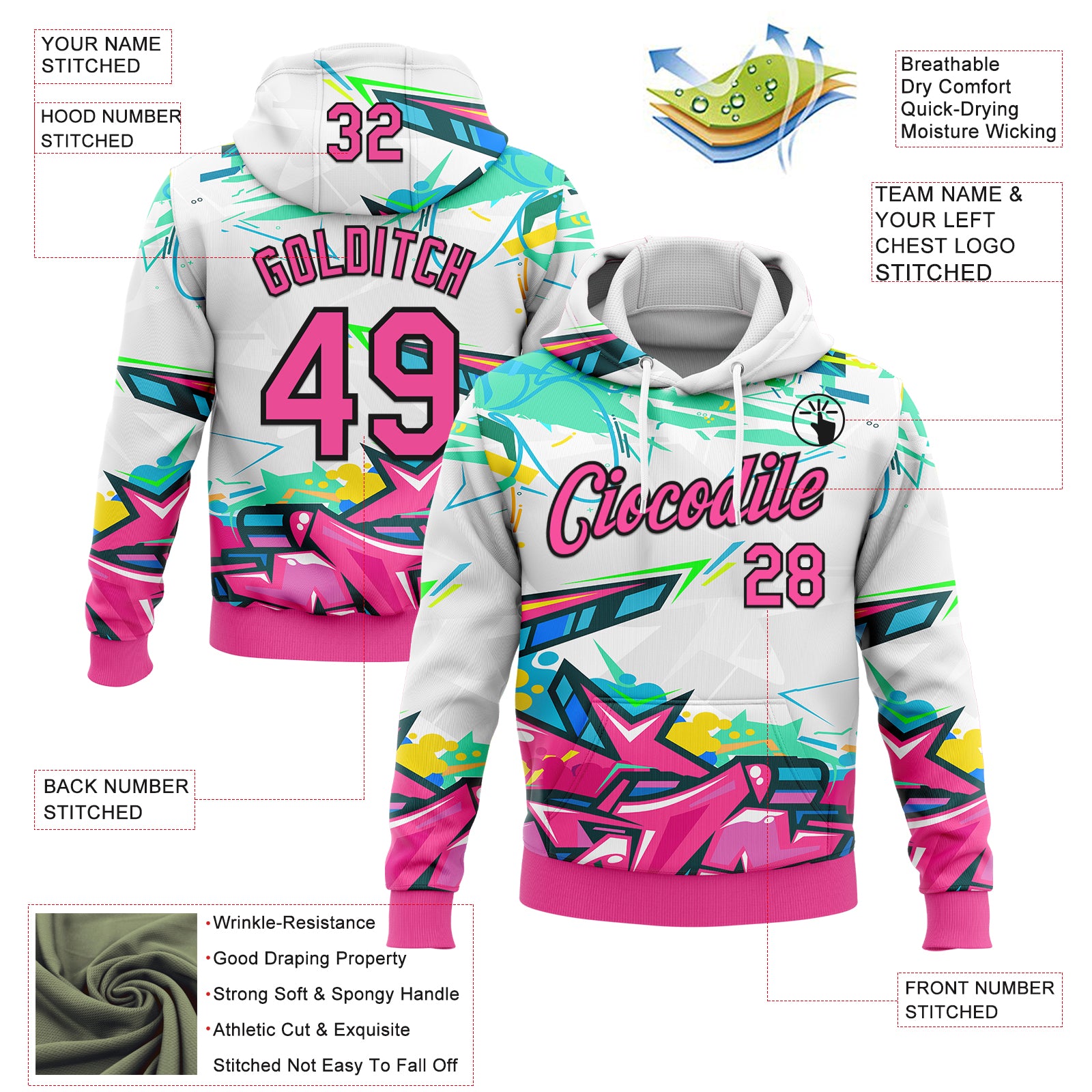 Custom Stitched Graffiti Pattern Pink-Black 3D Abstract Splashes Sports Pullover Sweatshirt Hoodie