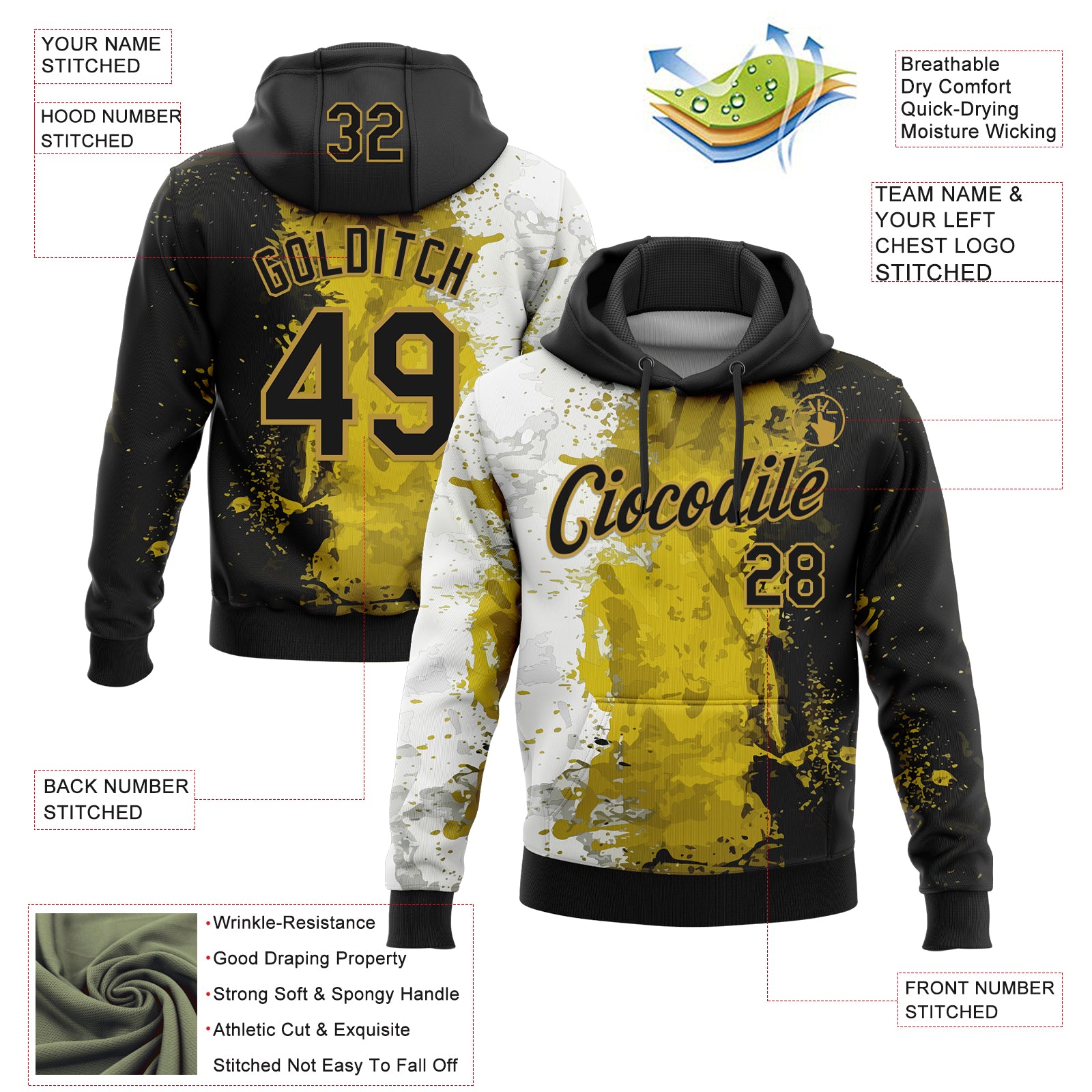 Custom Stitched Graffiti Pattern Black-Old Gold 3D Splash Grunge Art Sports Pullover Sweatshirt Hoodie