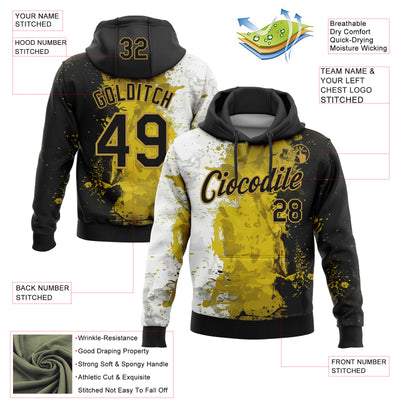Custom Stitched Graffiti Pattern Black-Old Gold 3D Splash Grunge Art Sports Pullover Sweatshirt Hoodie