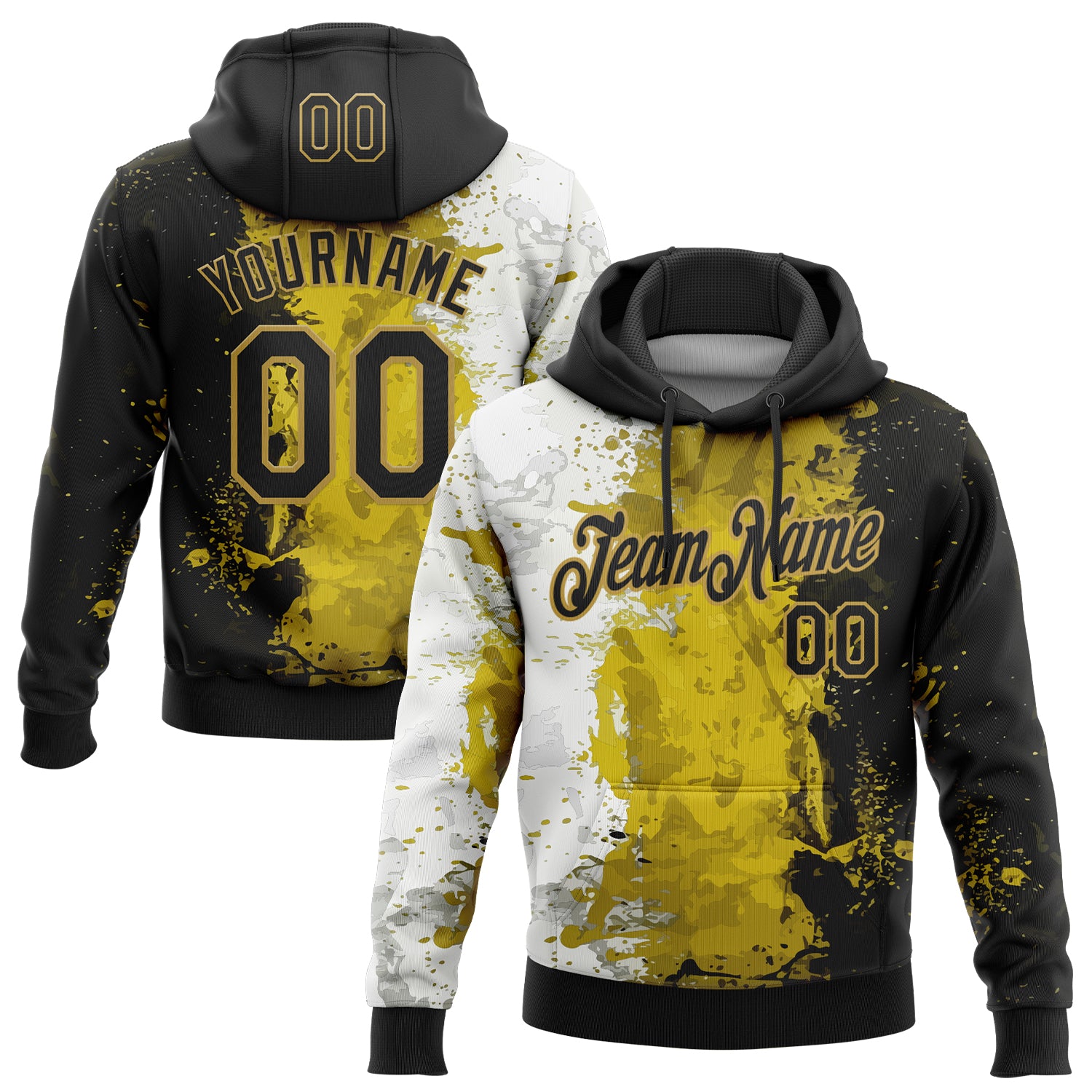 Custom Stitched Graffiti Pattern Black-Old Gold 3D Splash Grunge Art Sports Pullover Sweatshirt Hoodie
