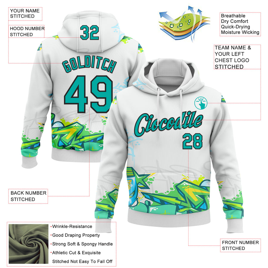 Custom Stitched Graffiti Pattern Aqua-Black 3D Trendy Abstract Urban Street Art Sports Pullover Sweatshirt Hoodie