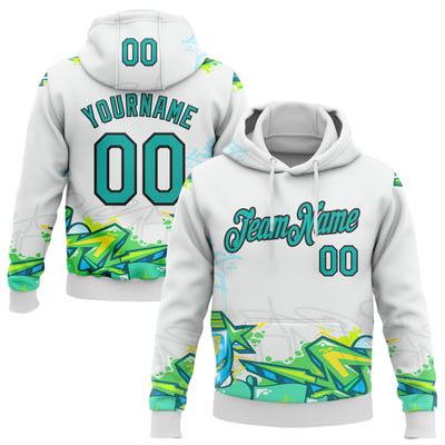 Custom Stitched Graffiti Pattern Aqua-Black 3D Trendy Abstract Urban Street Art Sports Pullover Sweatshirt Hoodie