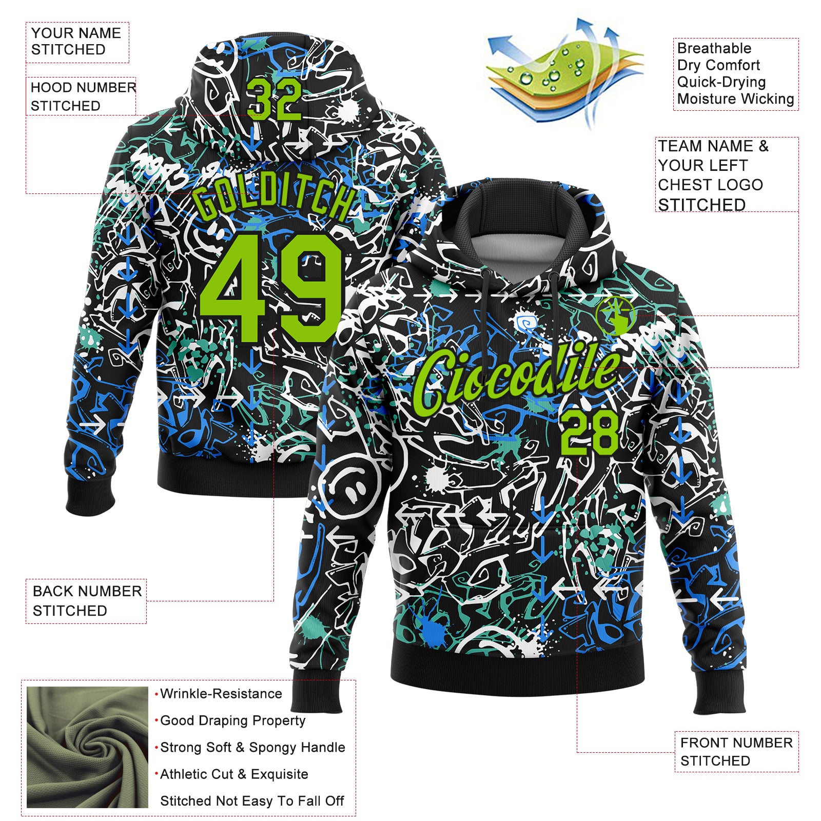 Custom Stitched Graffiti Pattern Neon Green-Black 3D Abstract Grunge Art Sports Pullover Sweatshirt Hoodie