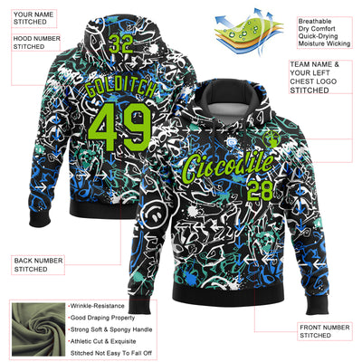 Custom Stitched Graffiti Pattern Neon Green-Black 3D Abstract Grunge Art Sports Pullover Sweatshirt Hoodie