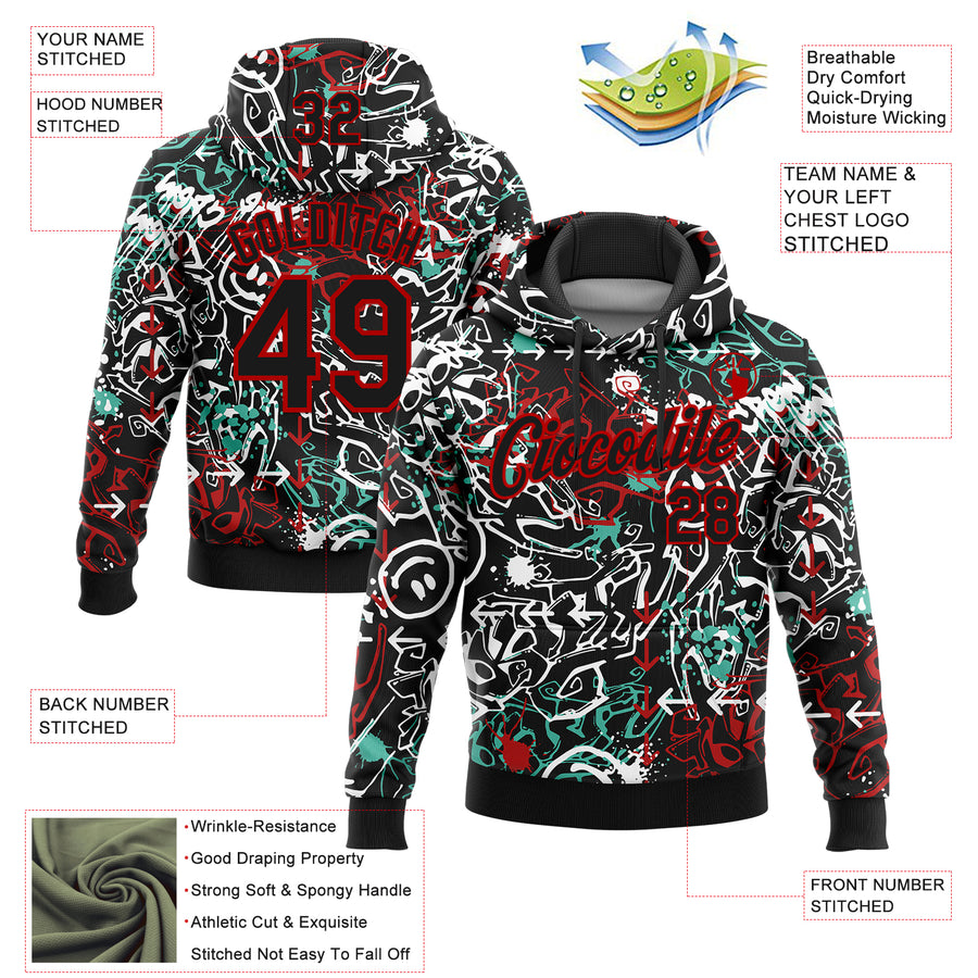 Custom Stitched Graffiti Pattern Black-Red 3D Abstract Grunge Art Sports Pullover Sweatshirt Hoodie