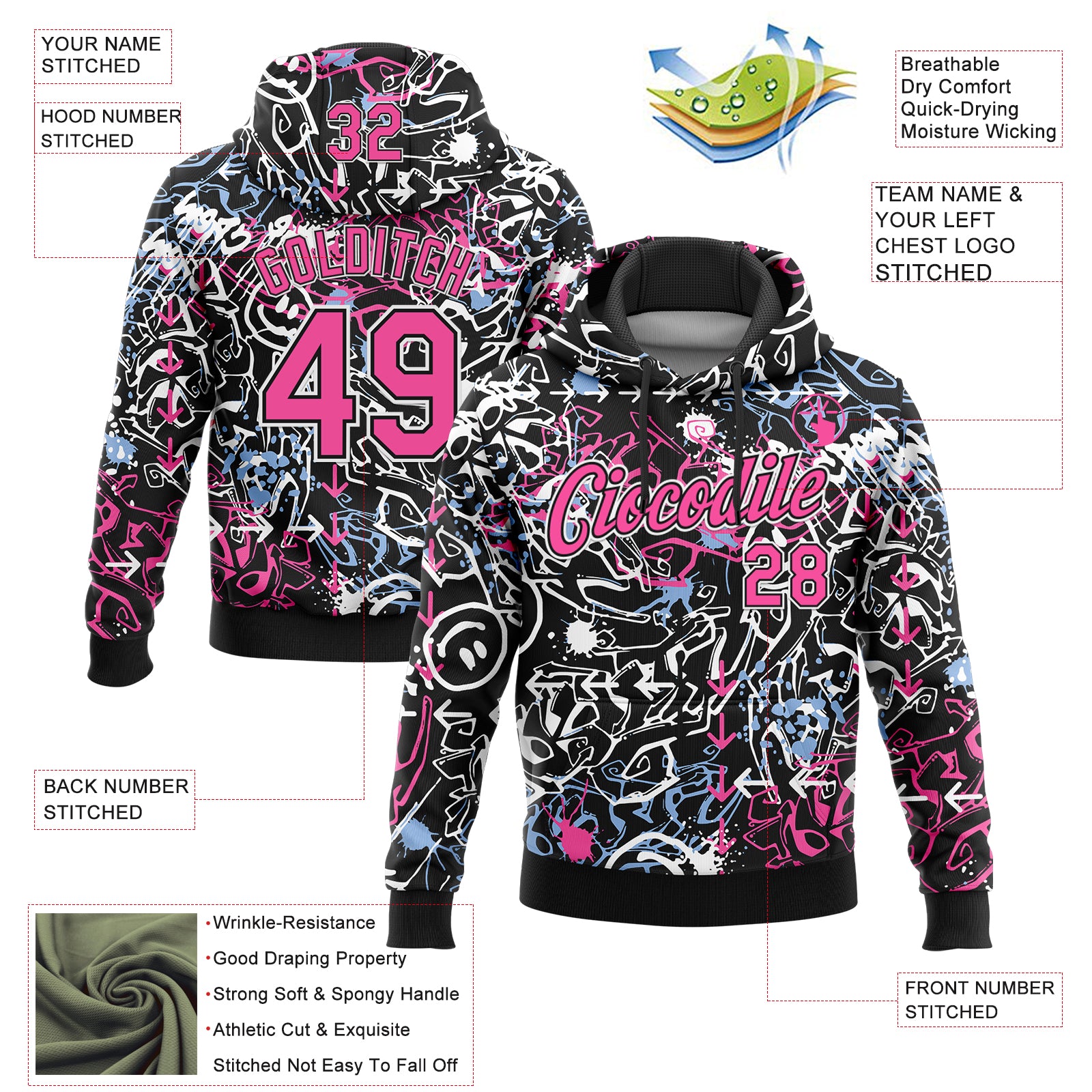 Custom Stitched Graffiti Pattern Pink Black-White 3D Abstract Grunge Art Sports Pullover Sweatshirt Hoodie