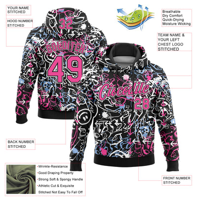 Custom Stitched Graffiti Pattern Pink Black-White 3D Abstract Grunge Art Sports Pullover Sweatshirt Hoodie