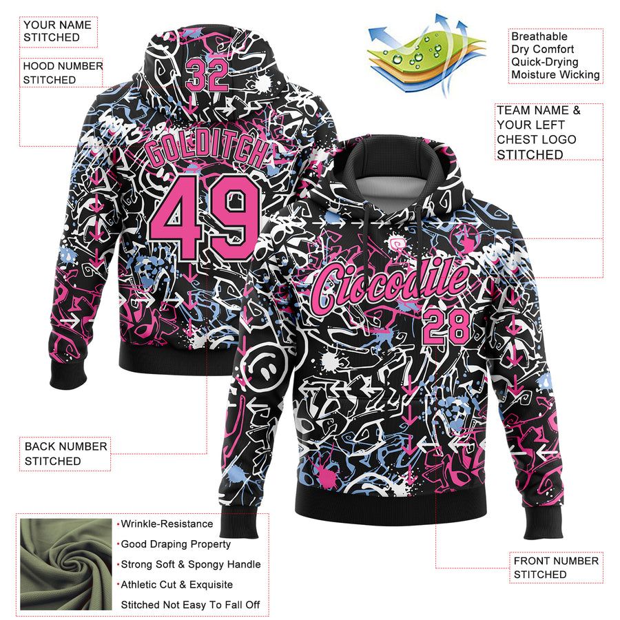 Custom Stitched Graffiti Pattern Pink Black-White 3D Abstract Grunge Art Sports Pullover Sweatshirt Hoodie