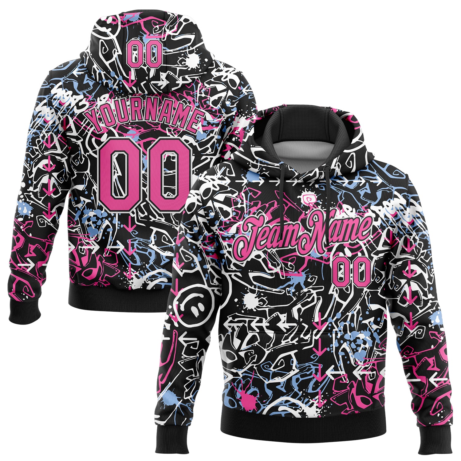Custom Stitched Graffiti Pattern Pink Black-White 3D Abstract Grunge Art Sports Pullover Sweatshirt Hoodie