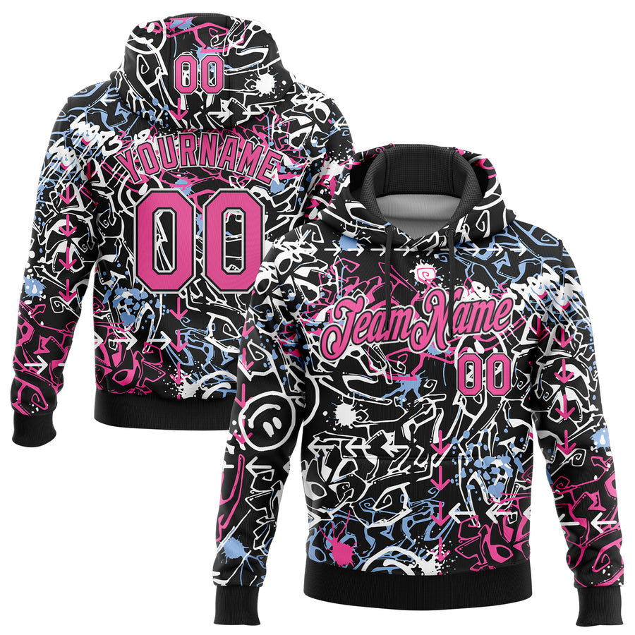 Custom Stitched Graffiti Pattern Pink Black-White 3D Abstract Grunge Art Sports Pullover Sweatshirt Hoodie