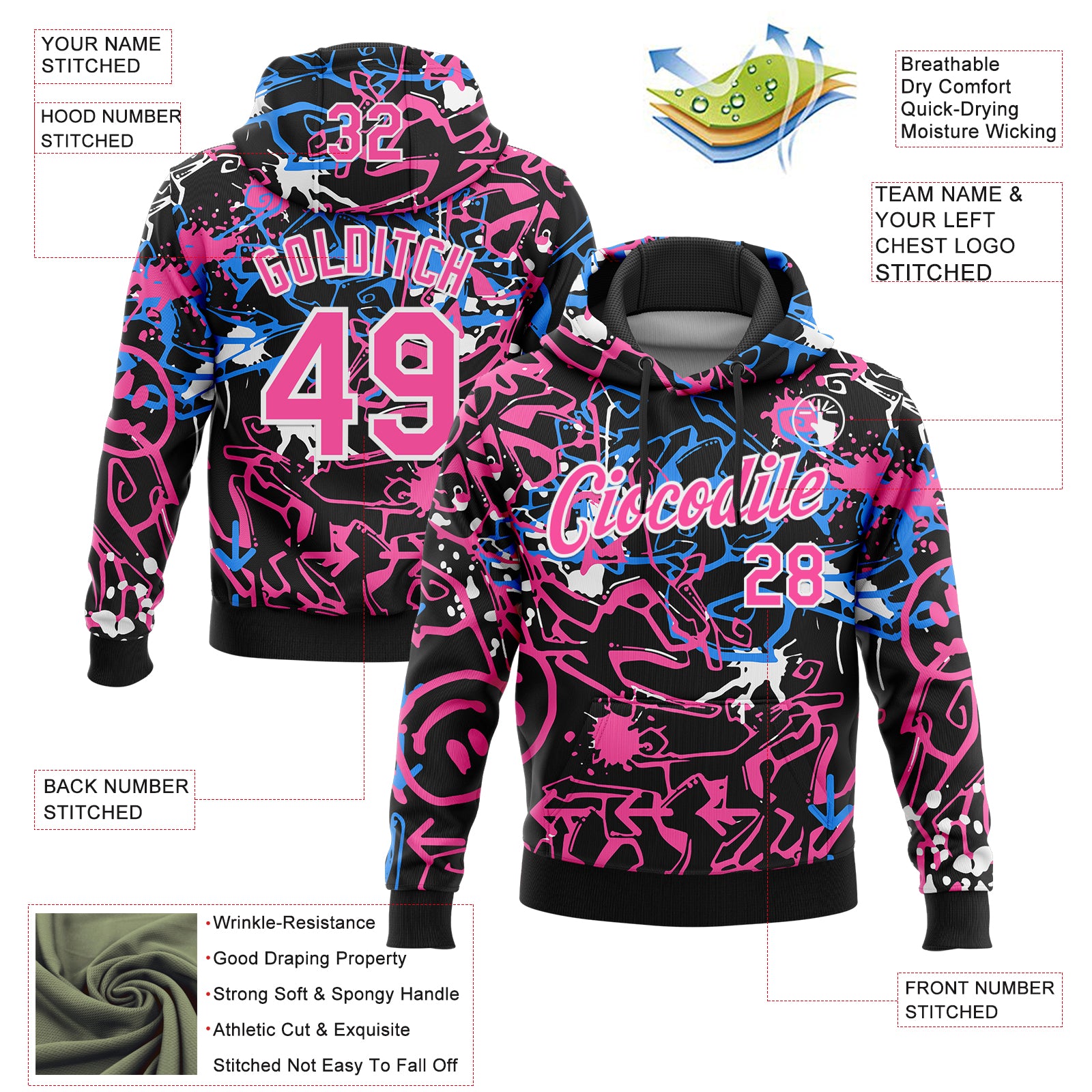 Custom Stitched Graffiti Pattern Pink-White 3D Abstract Grunge Art Sports Pullover Sweatshirt Hoodie