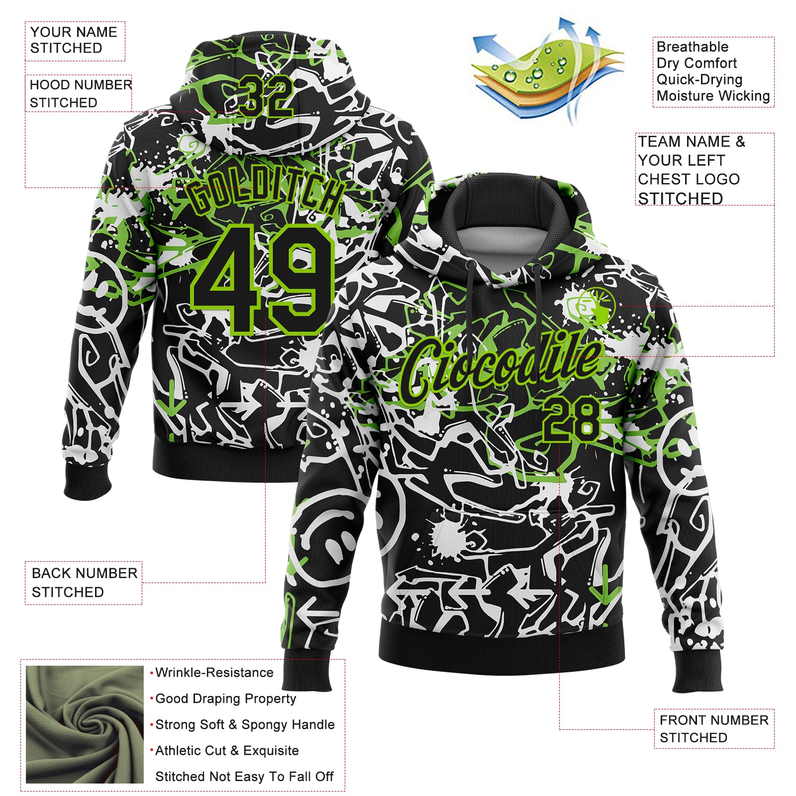 Custom Stitched Graffiti Pattern Black-Aurora Green 3D Abstract Grunge Art Sports Pullover Sweatshirt Hoodie