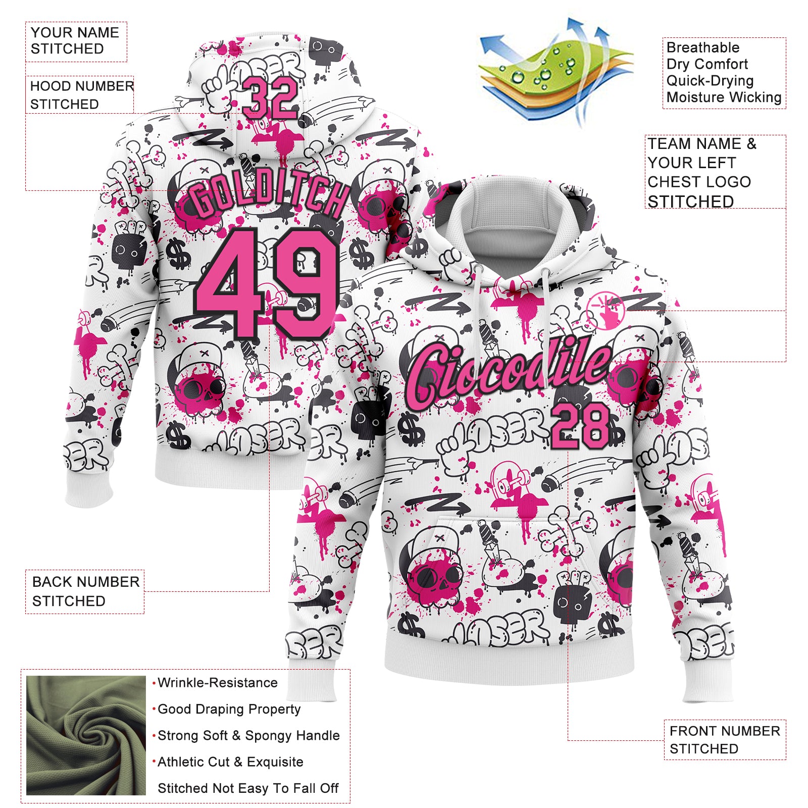 Custom Stitched Graffiti Pattern Pink-Black 3D Abstract Grunge Art Sports Pullover Sweatshirt Hoodie