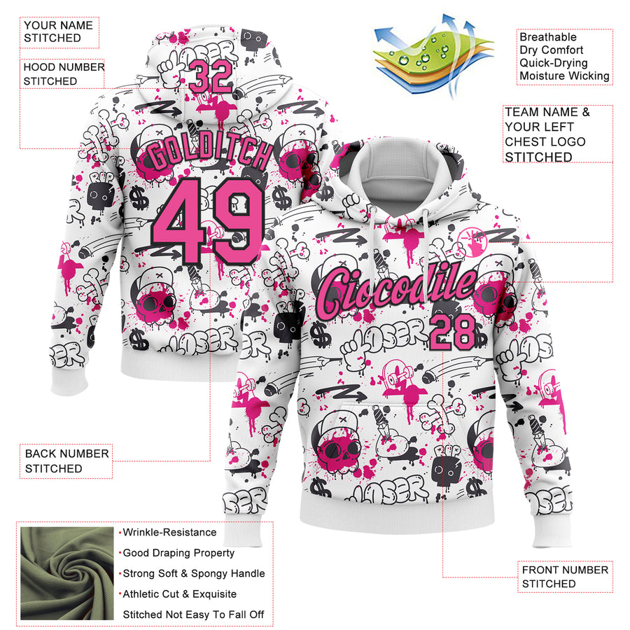 Custom Stitched Graffiti Pattern Pink-Black 3D Abstract Grunge Art Sports Pullover Sweatshirt Hoodie