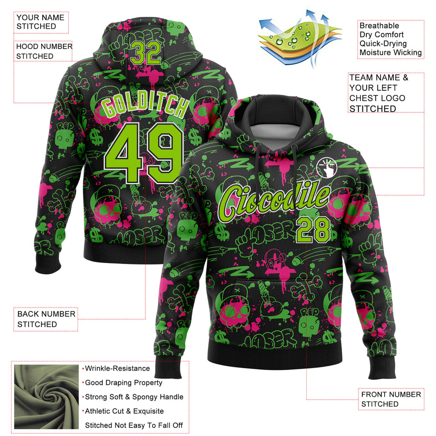 Custom Stitched Graffiti Pattern Neon Green Black-White 3D Abstract Grunge Art Sports Pullover Sweatshirt Hoodie