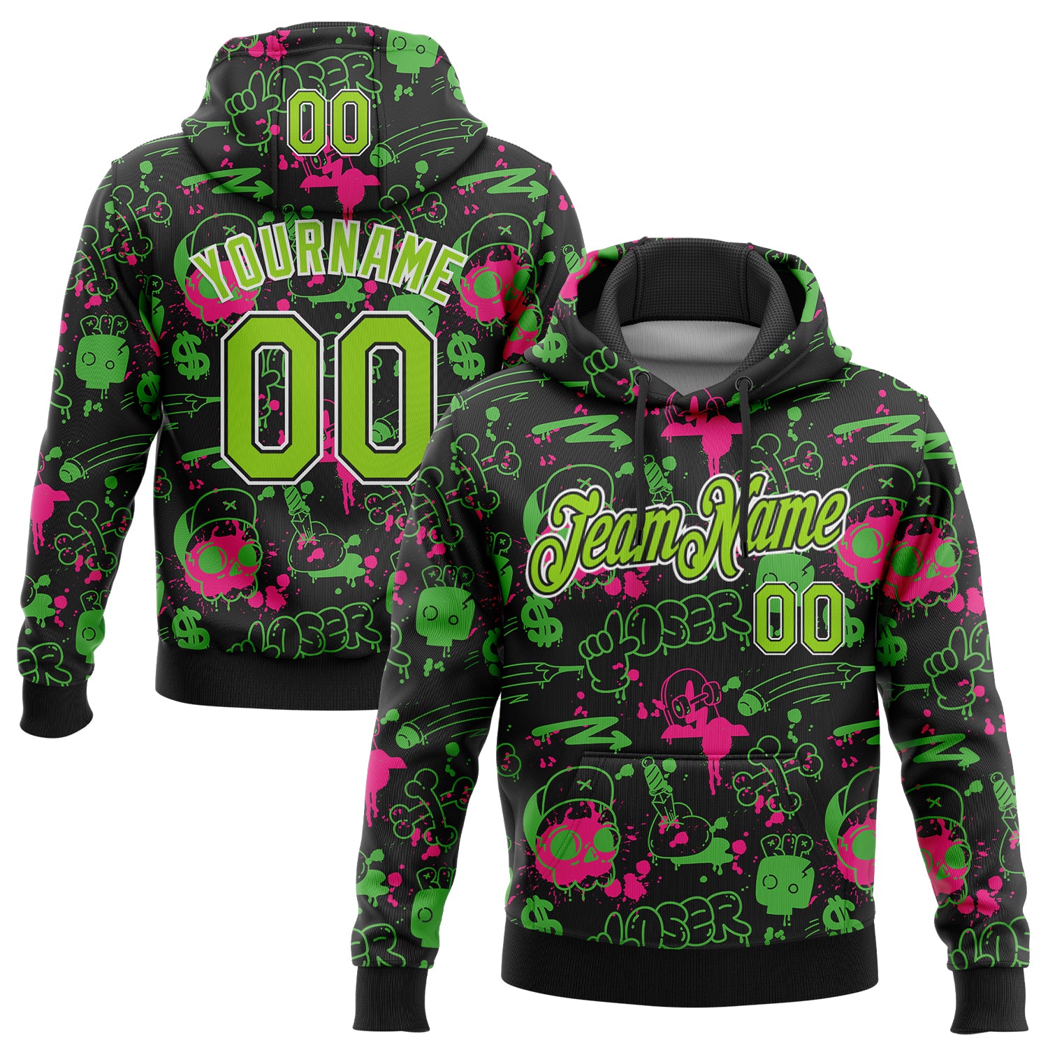 Custom Stitched Graffiti Pattern Neon Green Black-White 3D Abstract Grunge Art Sports Pullover Sweatshirt Hoodie
