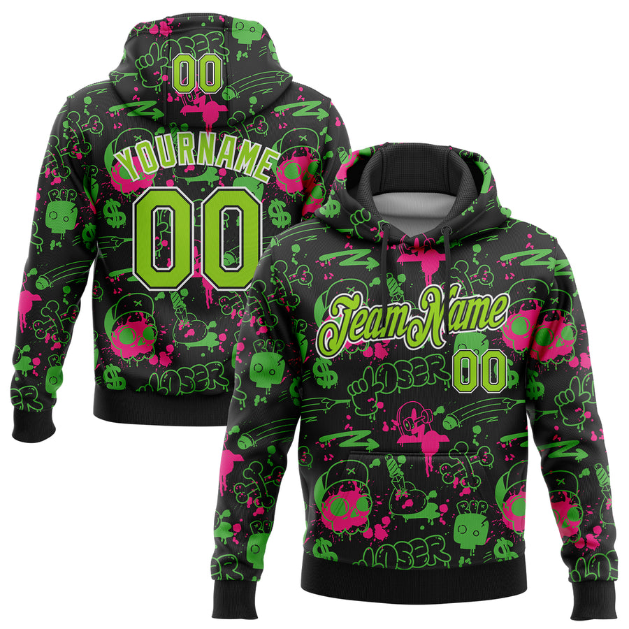 Custom Stitched Graffiti Pattern Neon Green Black-White 3D Abstract Grunge Art Sports Pullover Sweatshirt Hoodie
