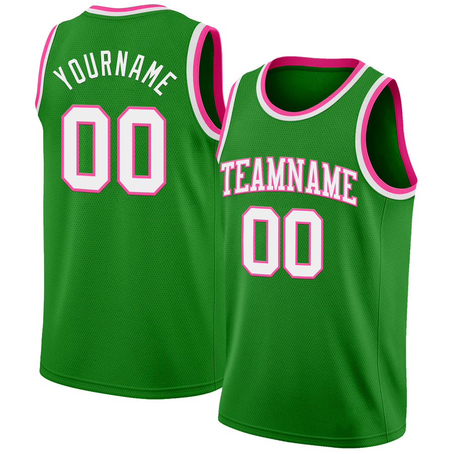 Custom Grass Green White-Pink Authentic Basketball Jersey