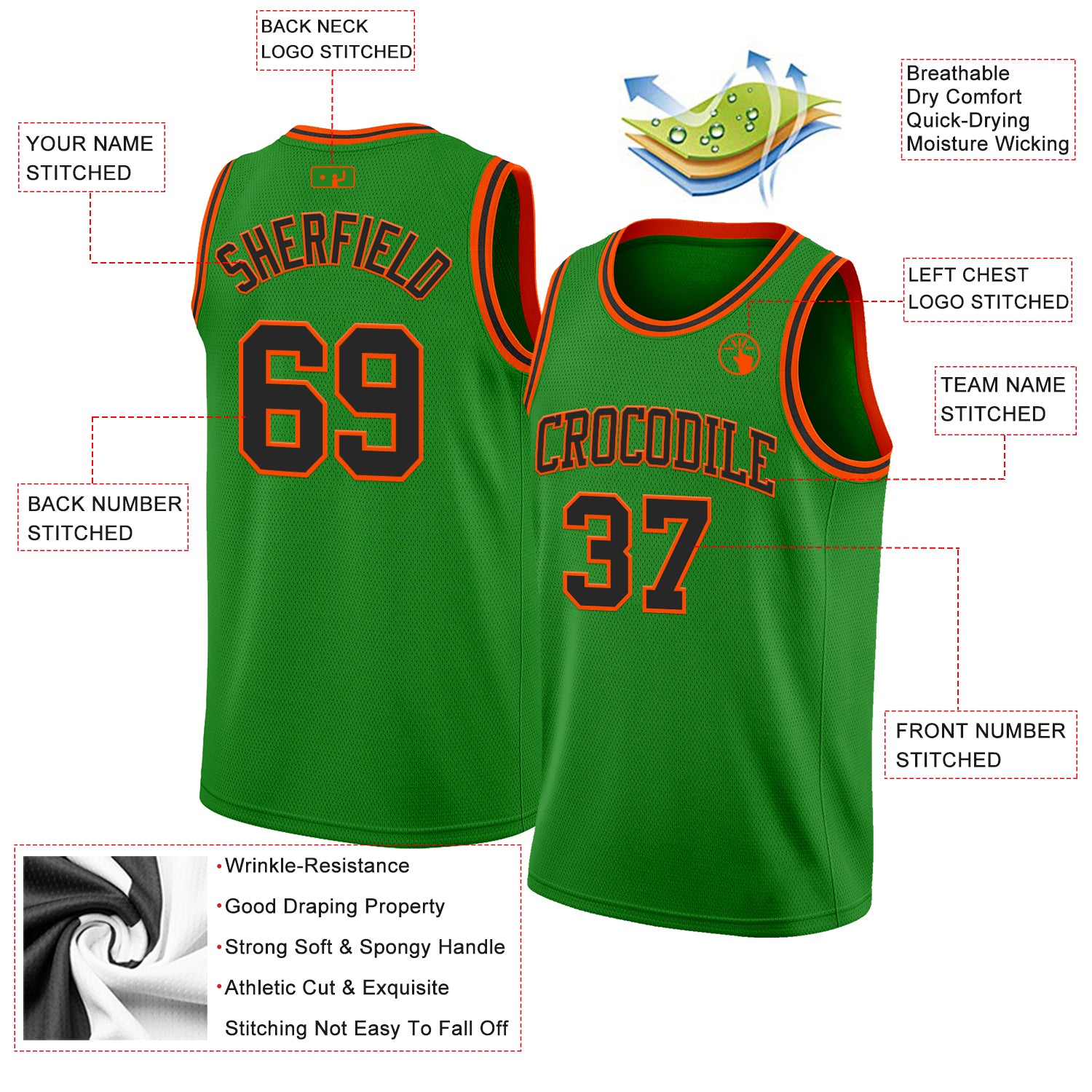 Custom Grass Green Black-Orange Authentic Basketball Jersey
